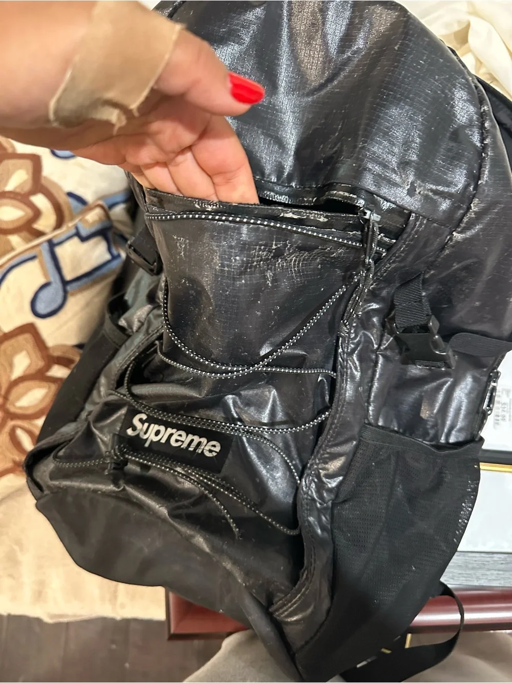 Supreme Black Shiny Backpack with Bungee Cord
